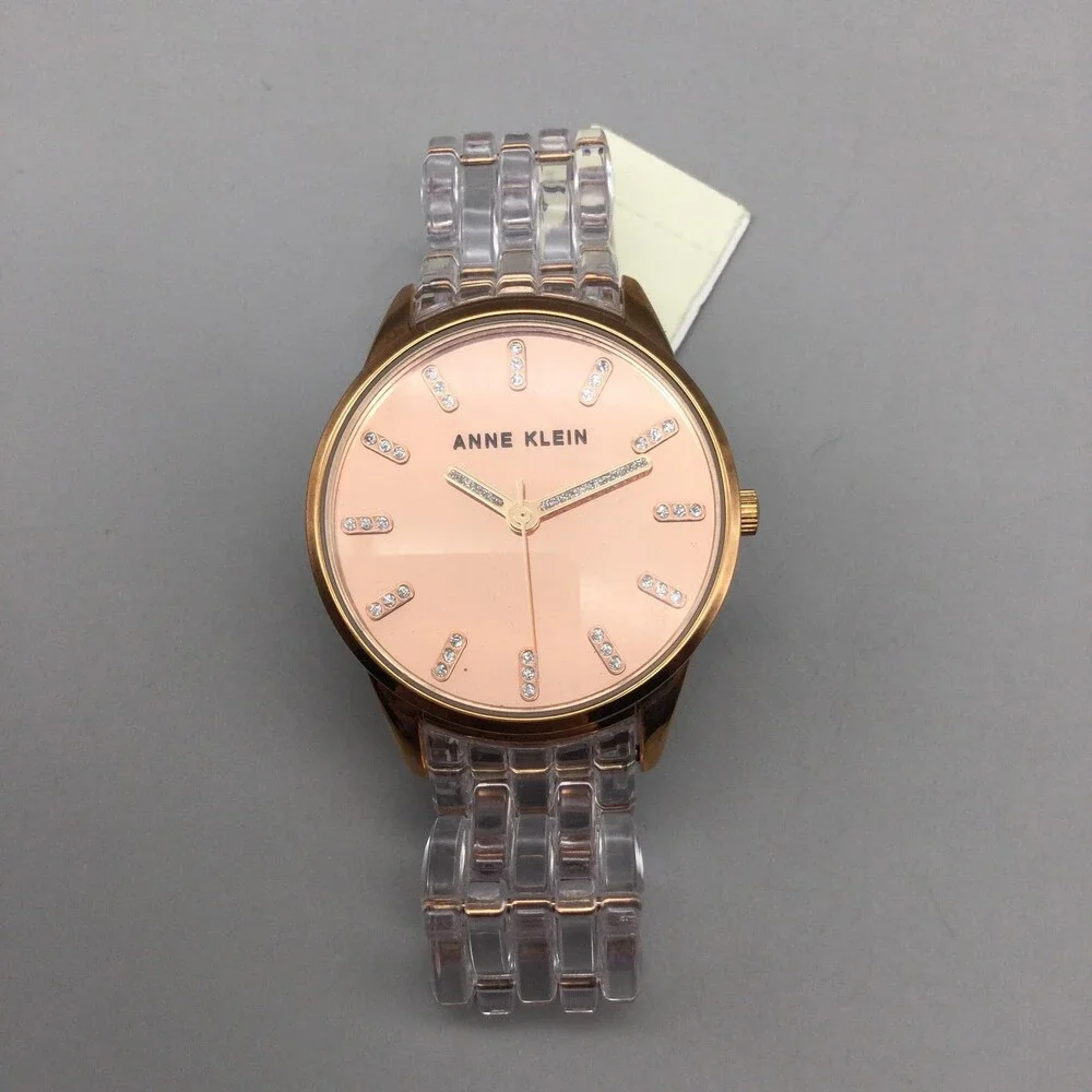 Anne Klein Womens Watch 36mm Rose Gold Dial Clear Resin Bracelet New Battery 6